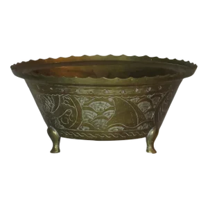 Large Chinese Antique Etched Brass Bowl
