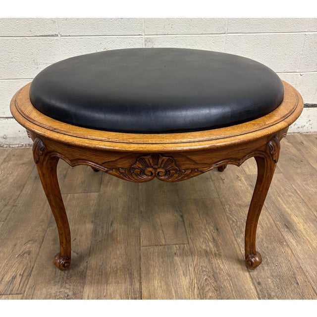 Vintage Louis XV Style Carved Walnut and Vinyl Ottoman or Stool For Sale - Image 10 of 10