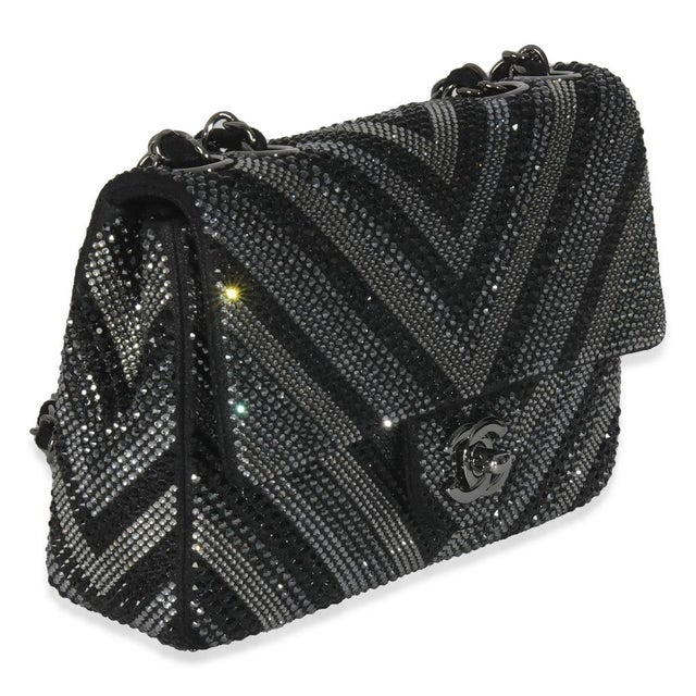 Traditional Black Strass CC Chevron Mini Flap Bag For Sale - Image 3 of 9