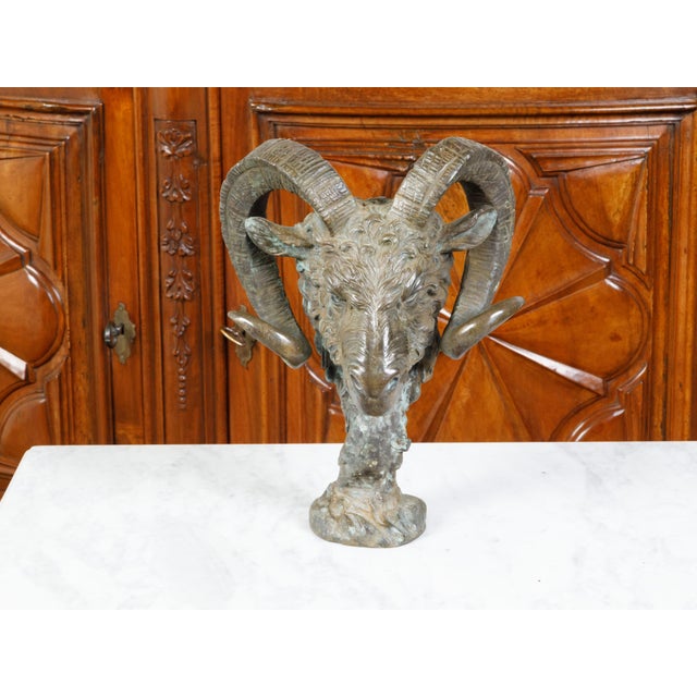 Mid-Century Modern Midcentury Italian Cast Bronze Sculpture of a Ram's Head on Base For Sale - Image 3 of 10