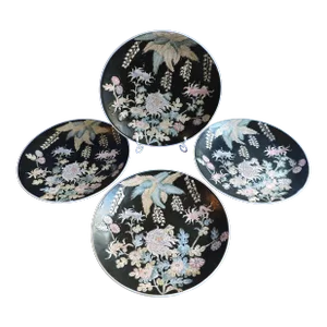 Late 20th Century Chinese Famille Noire Porcelain Hand Painted Plates Set of 4