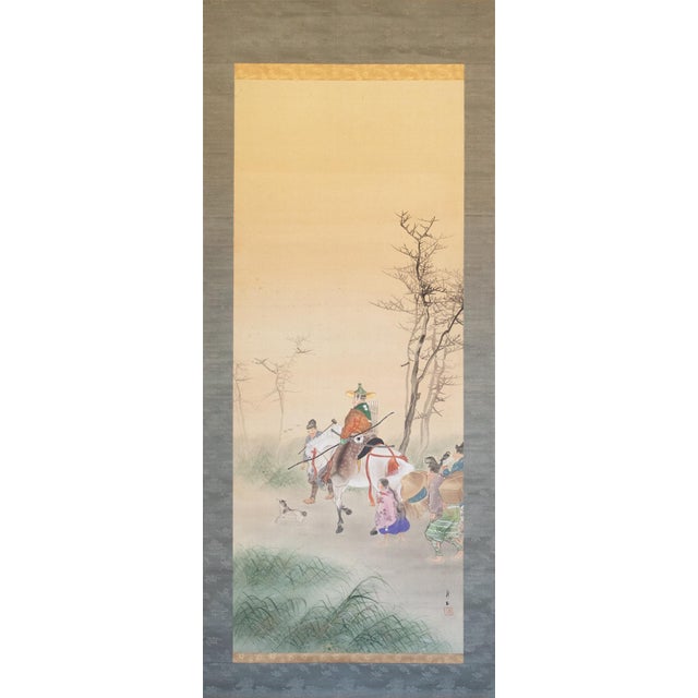Fine antique extra large Japanese silk scroll painting "Samurai" by Kogyoku. Sealed and signed: 耕玉(Kogyoku). Masterfully...