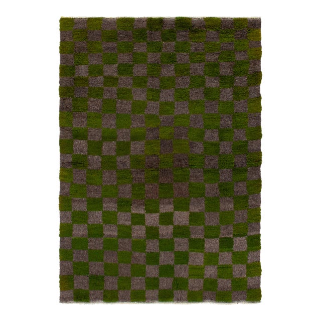 1950s Vintage Tulu Tribal Rug in Green, Gray-Brown Geometric Chessboard Pattern For Sale