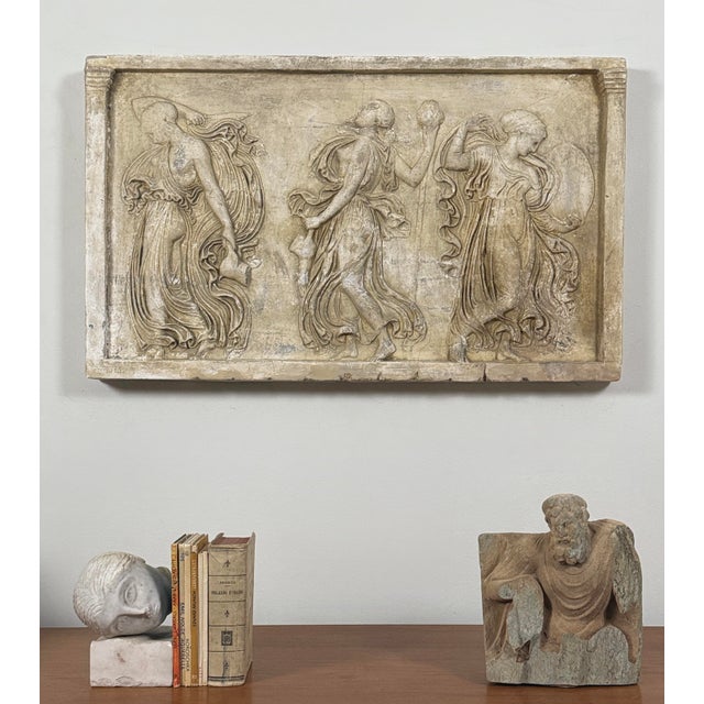 Antique Italian Plaster Bas-Relief – Dance of the Maenads Dimensions: 36.75” W x 22” H x 2” D Material: Hand-finished...