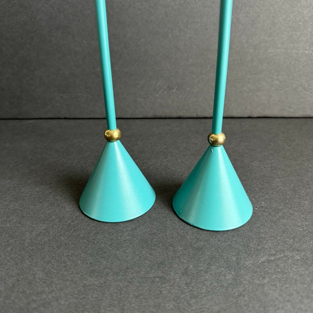 Postmodern Vintage Post Modern Candle Stick Holders 80s 90s Turquoise Memphis Style a Pair For Sale - Image 3 of 6