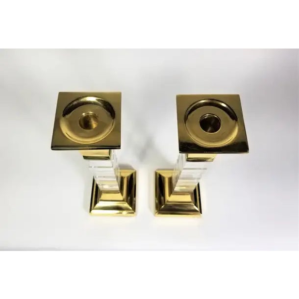 Mid-Century Modern Lucite and Brass Large Candle Holders Candlesticks 1970s. Mid Century For Sale - Image 3 of 14