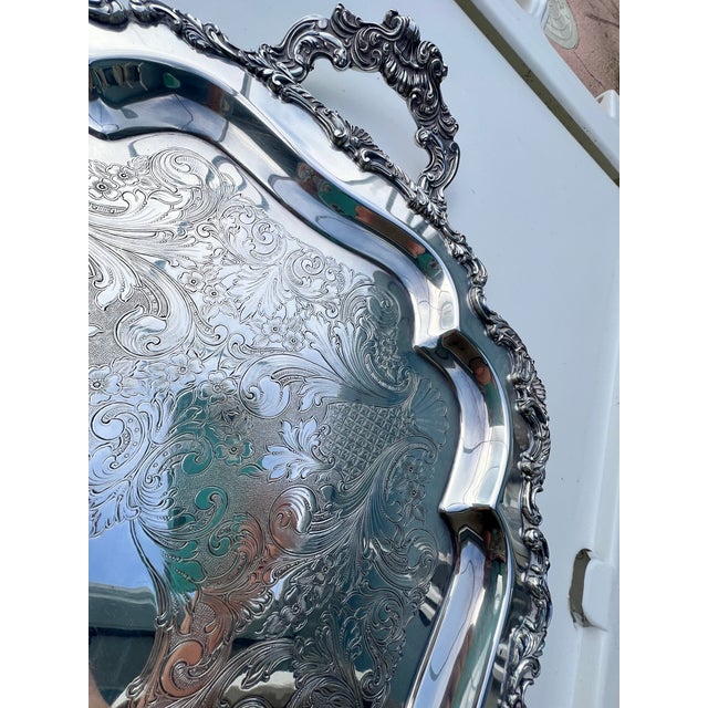 Metal Vintage Oversized Footed Silverplate Butler Waiter Tray With Handles 30.5” Palm Beach Regency Tea Service Bar Tray For Sale - Image 7 of 10