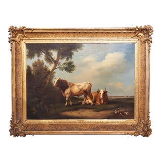 Antique Dutch Oil on Board Painting of Cattle, Signed and Dated 1858 For Sale