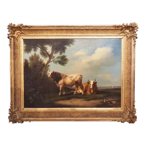 Antique Dutch Oil on Board Painting of Cattle, Signed and Dated 1858
