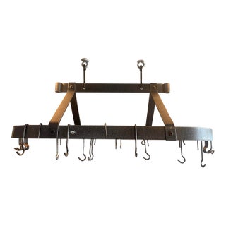 William Sonoma Vintage Kitchen Hand-Forged Iron Hanging Pot Rack For Sale