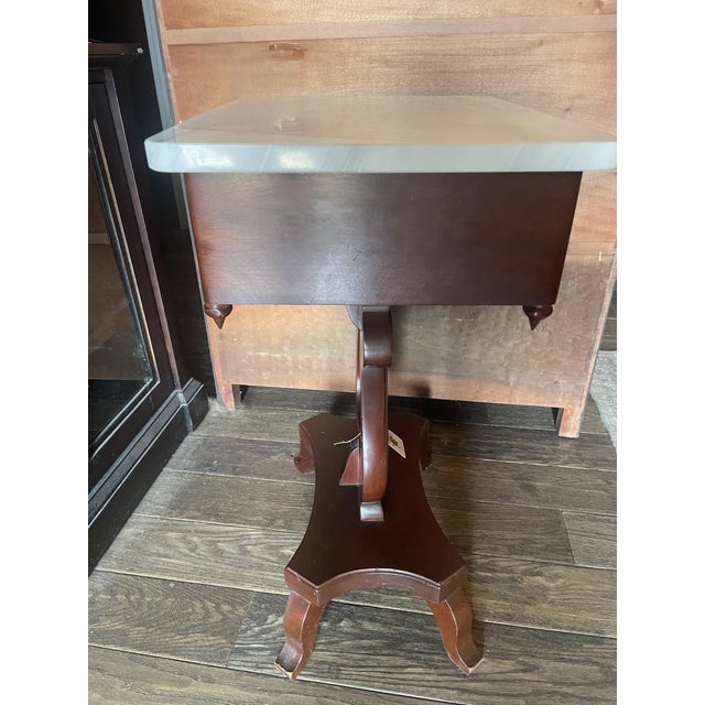 Wood 1950s Marble Top Mahogany Lyre Shaped Side Table With Drawer For Sale - Image 7 of 12