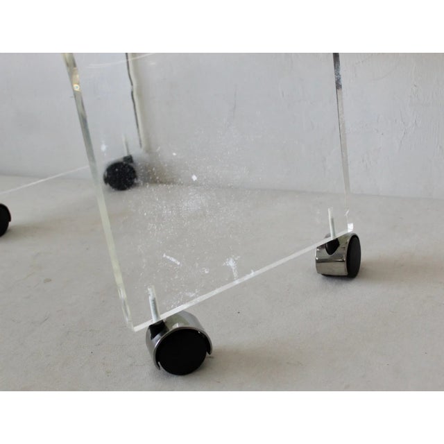 Thick Lucite Acrylic Waterfall Faux Leather Padded Vanity Stool With Castors Vintage Mid Century Modern For Sale - Image 9 of 10