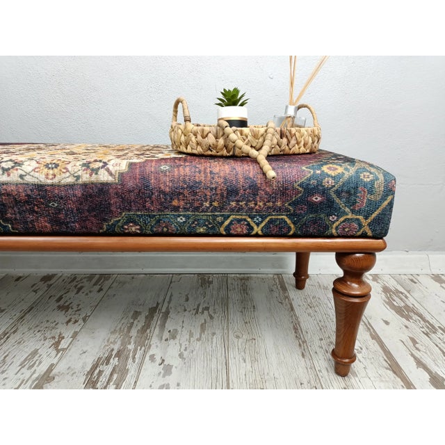 Mid-Century Modern Bohemian Rug Print Fabric Upholstered Walnut Entryway Bench For Sale - Image 3 of 9