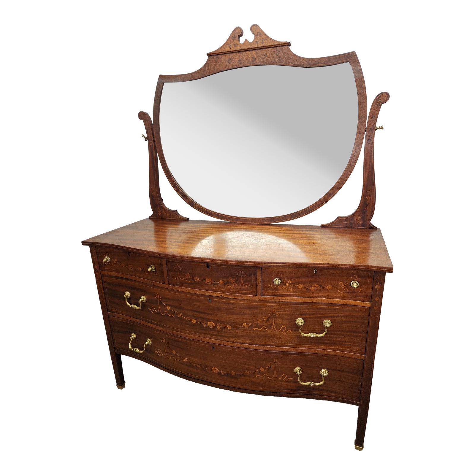 1920s Antique American Hepplewhite Style Kittenger Inlaid Marquetry Dresser  Vanity and Mirror | Chairish