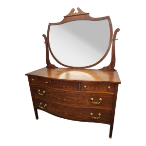 1920s Antique American Hepplewhite Style Kittenger Inlaid Marquetry Dresser Vanity and Mirror