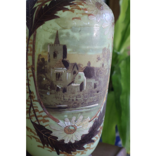 Late 19th-Century Victorian Bristol-Style Green Opaline Scenic Glass Vase For Sale - Image 11 of 18
