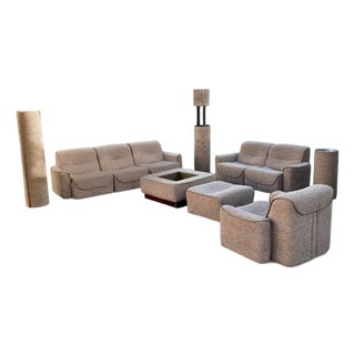 Vintage Italian Modular Sofa in Cream and Grey Bouclé with Leather Piping, 1974, Set of 11 For Sale
