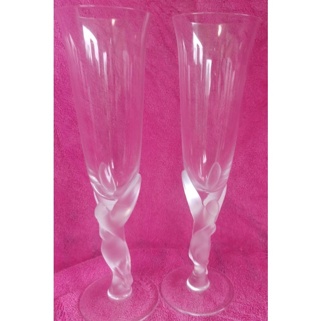 Vintage Faberge "Kissing Doves "champagne flutes. The glass is a clear hand Blown Bowl atop of a frosted stem intricately...