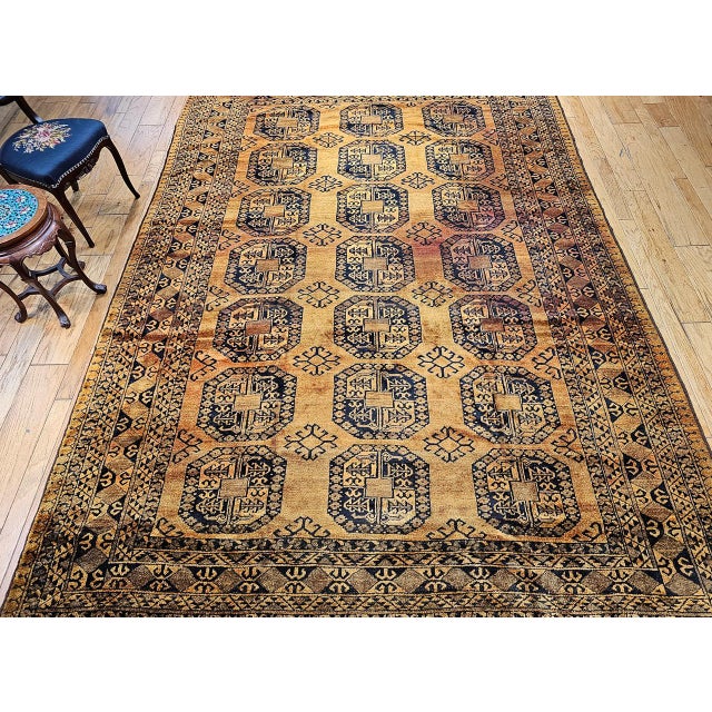 Vintage Afghan Ersari Rug, Hand-Knotted Wool, Allover Geometric Design, Camelhair & Navy, 9’ X 13’ For Sale - Image 15 of 16