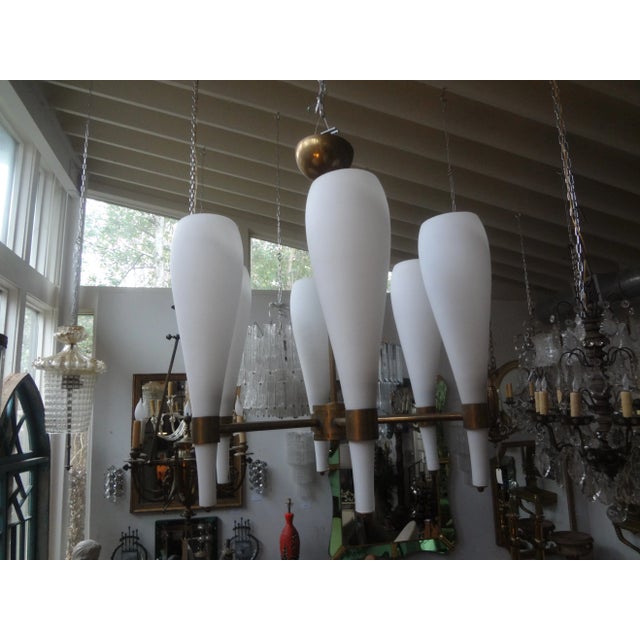 Metal Italian Brass and Glass Modernist Chandelier-Fontana Arte Style For Sale - Image 7 of 11