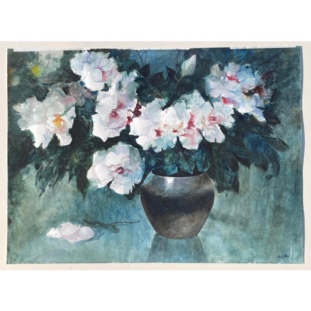 Mei Shu Floral Still Life Watercolor For Sale - Image 4 of 5