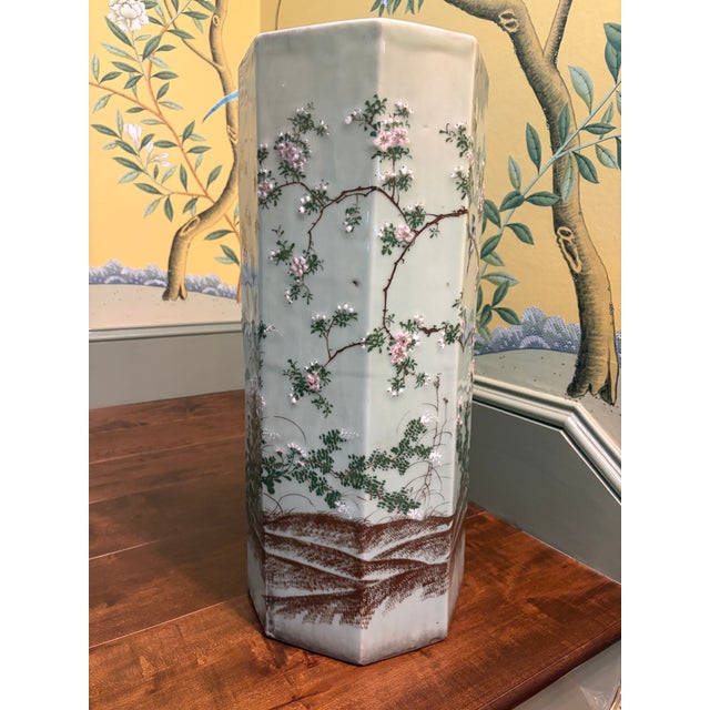 Late 19th Century Late 19th Century Japanese Porcelain Celadon Hexagonal Umbrella Stand With Birds and Flowers For Sale - Image 5 of 12
