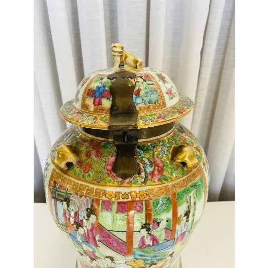 Antique Rose Medallion /Mandarin Jar With Metal Strap Lid For Sale - Image 10 of 12