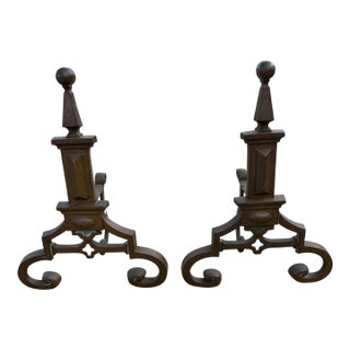 Pair of Antique Arts and Crafts Brass Andirons For Sale