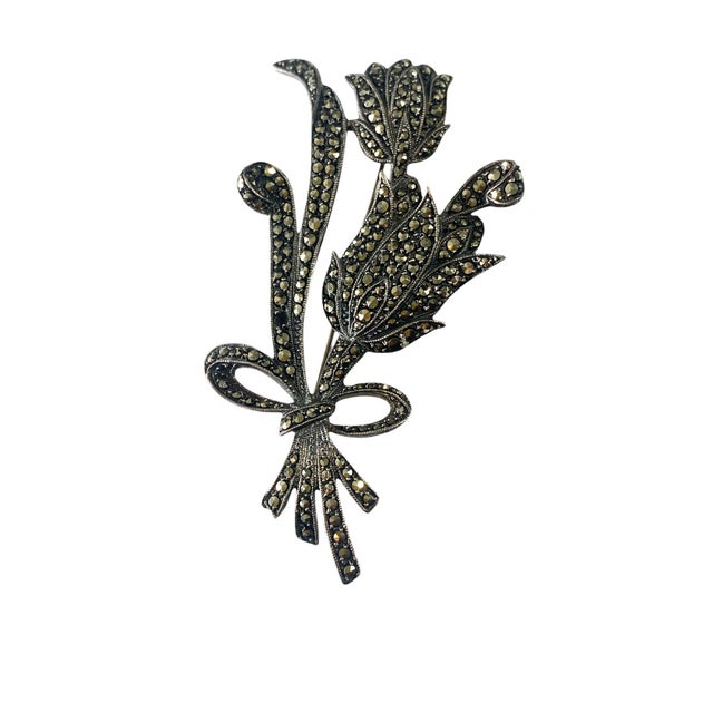 Beautiful Vintage 1990’s Silver with Marcasites &amp; Clear Pave Crystals Two Stemmed Tulip Flowers Brooch Pin (one tiny...