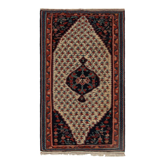 Vintage Persian Senneh Kilim in Beige With Red and Blue Floral Patterns For Sale