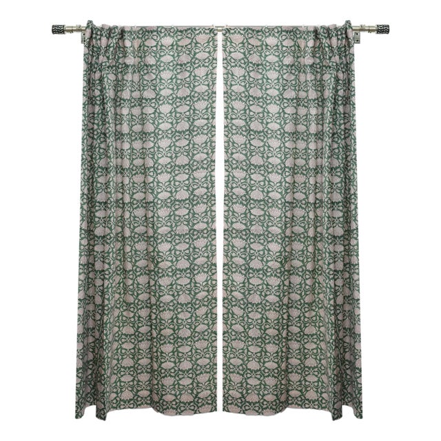 Handmade Ulta Kamal Block Print Coloured Linen Curtain for Living Room or Bedroom Decor Size 54"Wx45"L For Sale