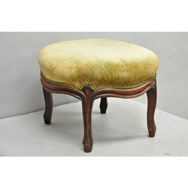 Antique Victorian Carved Mahogany Green Mohair Fabric Round Footstool Ottoman For Sale - Image 9 of 11