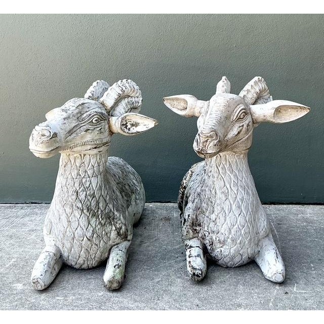 Vintage Monumental Distressed Hand Carved Rams - A Pair For Sale - Image 4 of 13