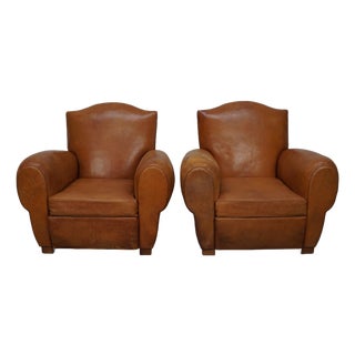 French Cognac Moustache Back Leather Club Chairs, 1950s, Set of 2 For Sale