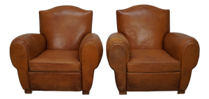 French Cognac Moustache Back Leather Club Chairs, 1950s, Set of 2