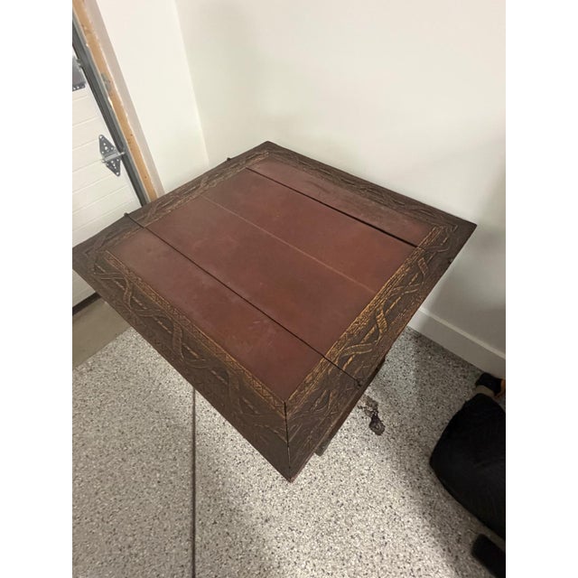 Wood Antique Baroque Revival Carved Oak Flip-Top Games / Writing Table With Leather Inset For Sale - Image 7 of 7