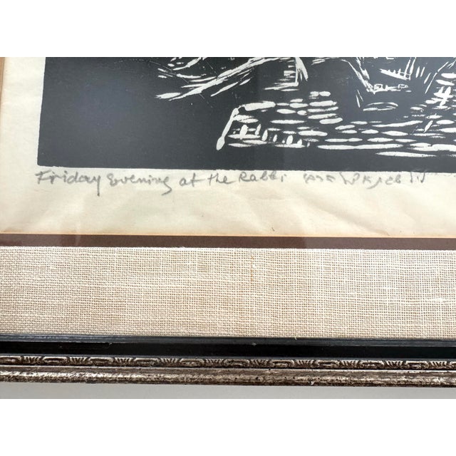 Wood Vintage 1953 Miron Sima Woodblock Print “Friday Evening at the Rabbi” Signed Jewish Wall Art For Sale - Image 7 of 12