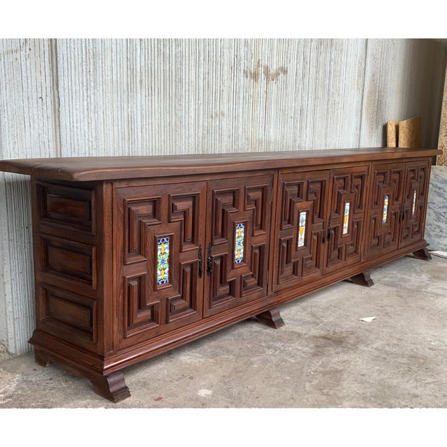 19th Century Large Catalan Spanish Baroque Carved Oak Tuscan Credenza or Buffet For Sale - Image 10 of 18