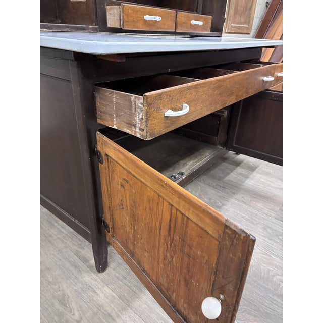 Antique Hoosier Style Farmhouse Cabinet With Glass Doors and Enamel Worktop For Sale - Image 9 of 11