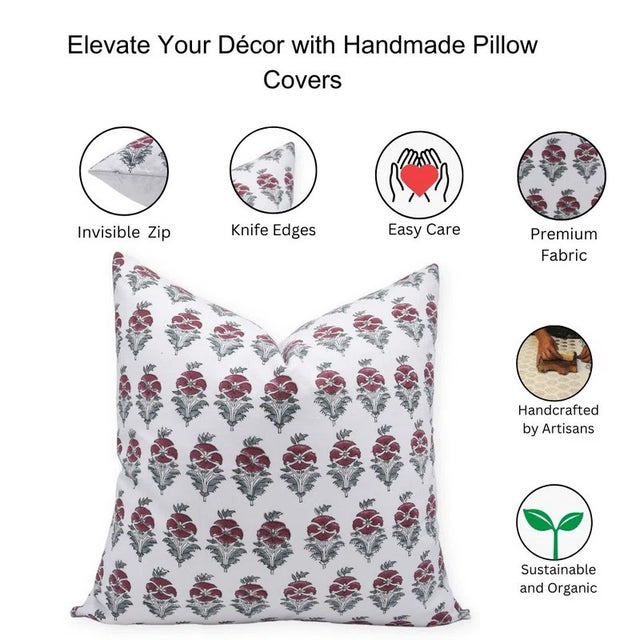 Fabdivine Floral Block Print Pillow Cover 16x16 Inch Thick Cotton White-Mor Mukut For Sale - Image 4 of 4