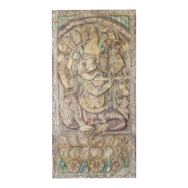Vintage Fluting Ganesha Carved Wood Wall Art 72x36 For Sale