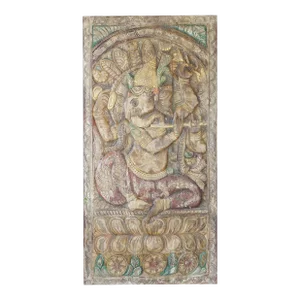 Vintage Fluting Ganesha Carved Wood Wall Art 72x36