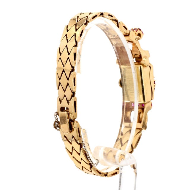 Mid 20th Century Mercedes Signed 14k Gold Ruby & Diamond Art Deco Hidden Watch Bracelet For Sale - Image 9 of 14