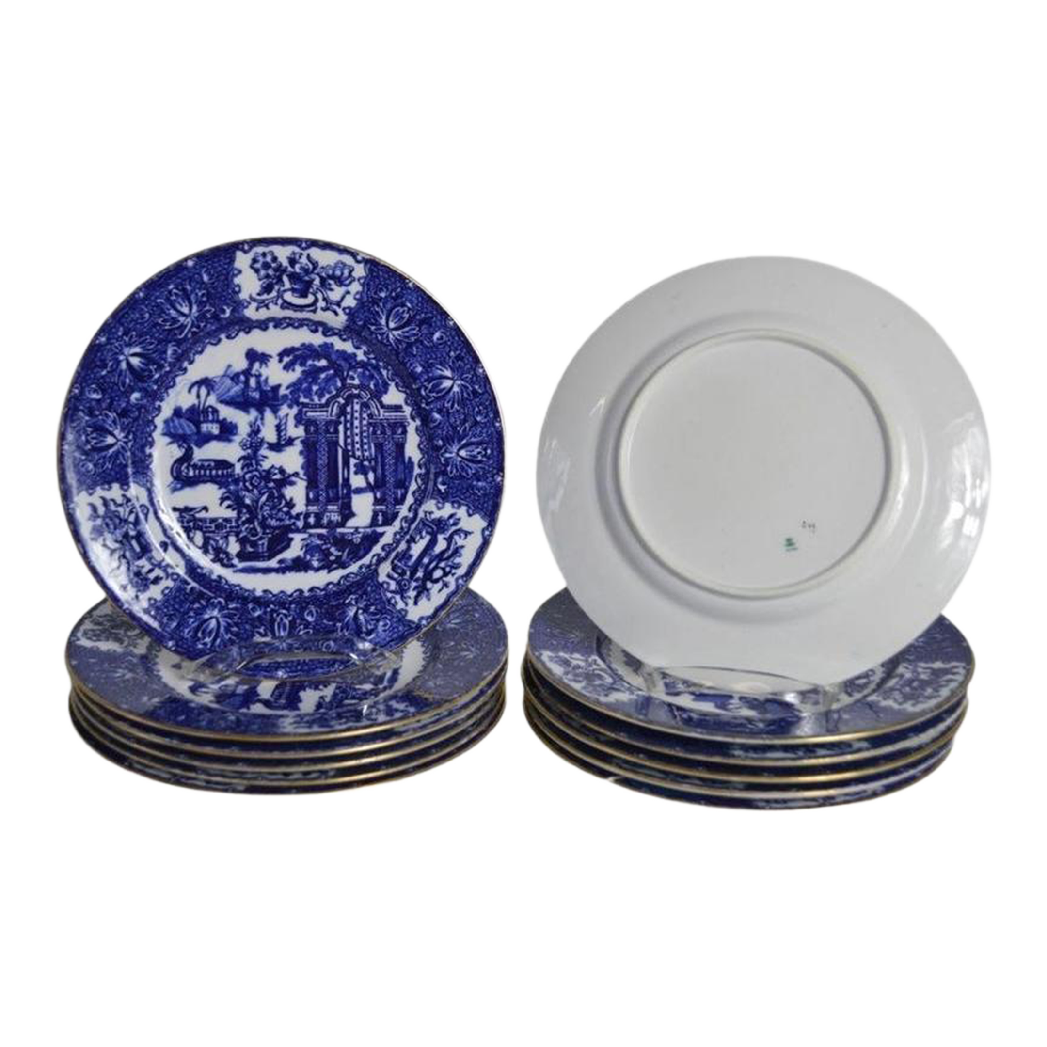 Copeland Spode England Blue Willow Plates, Gilt Trimmed Circa 1880