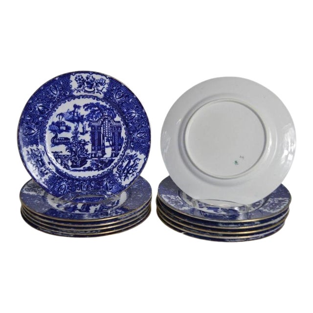 Copeland Spode England Blue Willow Plates, Gilt Trimmed Circa 1880 - Set of 12 For Sale