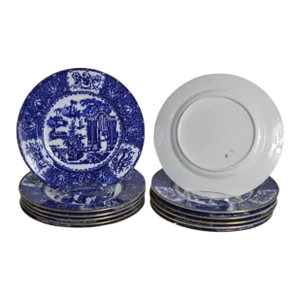 Copeland Spode England Blue Willow Plates, Gilt Trimmed Circa 1880 - Set of 12