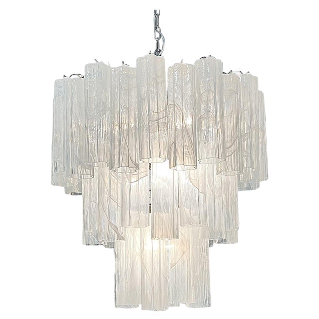 Big Three-Tier Murano Glass Tube Chandelier in White Albaster, 1980s For Sale