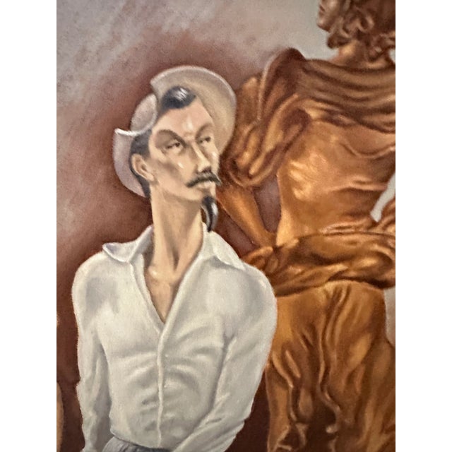 Very unusual quirky original signed painting. Figures being a little child with teddy bear , a sword baring goatee figure...