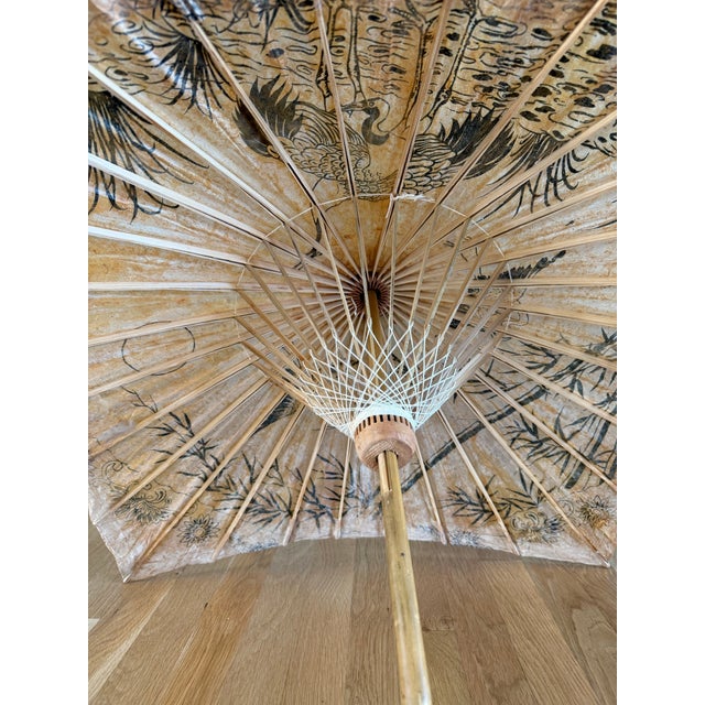 Vintage Japanese Hand Painted Bamboo and Paper Parasol For Sale - Image 10 of 12