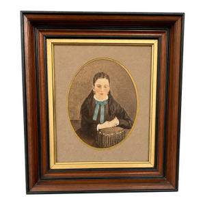 Late 19th Century Walnut & Ebonized Portrait Frame With Hand-Colored Oval Girl Image
